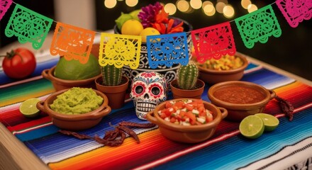 Cinco de Mayo Celebration Food Table Setting with Papel Picado and Sugar Skull Decor, Festive Mexican Fiesta Atmosphere perfect for Cinco de Marcho