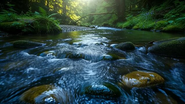 Lush temperate rainforest creek flowing over rocks in morning light