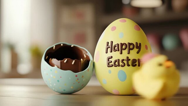 Happy easter chocolate egg and toy chick hatching