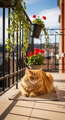 Naklejka premium Fluffy orange feline rests comfortably on a sunlit balcony among potted plants