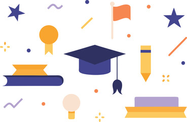 Graduation cap, books, pencil, and awards symbolizing education and academic achievement Vector, illustration
