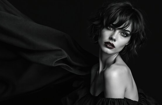Black, white studio portrait of woman with dark wavy hair, bold makeup. Wears off-shoulder dress with flowing fabric. Dramatic lighting, high contrast create elegant, mysterious mood. Gaze intense,