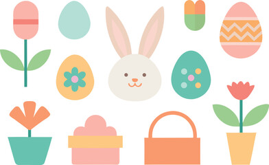 A collection of cute easter-themed illustrations featuring a bunny, decorated eggs, and spring flowers Vector, illustration