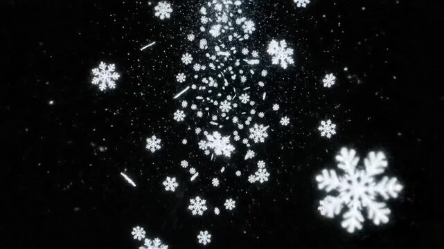 Snowflakes fall gently in dark space and create a unique display of winter beauty and movement