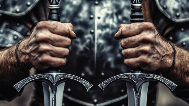 Man warrior hand drawing sword. Medieval knight armor. Fighting combat, historical battle, heroism, military uniform.