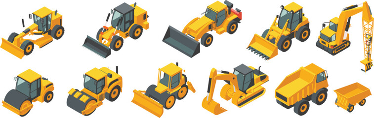 Isometric construction machinery illustration set featuring excavators bulldozers loaders dump trucks rollers cranes for industrial engineering and building projects design © SreeRupali