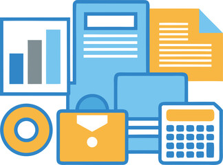 A colorful illustration depicting business documents, a calculator, and a briefcase, symbolizing financial planning and analysis Vector, illustration