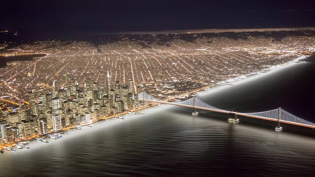 Aerial view of illuminated city skyline at night with bright lights reflecting on water and iconic bridge connecting urban areas across the bay