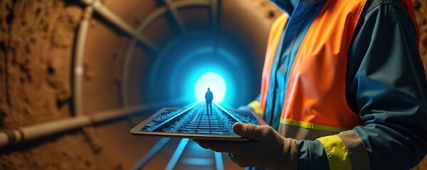 Fototapeta premium Engineer holds tablet showing tunnel construction progress. Digital screen displays railway tracks leading to bright light at tunnel end. Worker in safety vest oversees project.