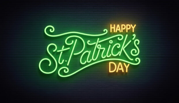 Saint Patrick's Day neon. Happy St. Patrick's day lettering glowing green sign. Patricks Day Irish holiday 
