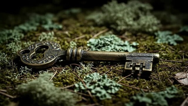 Antique Skeleton Key Lying on Mossy Forest Floor Under Dramatic Lighting