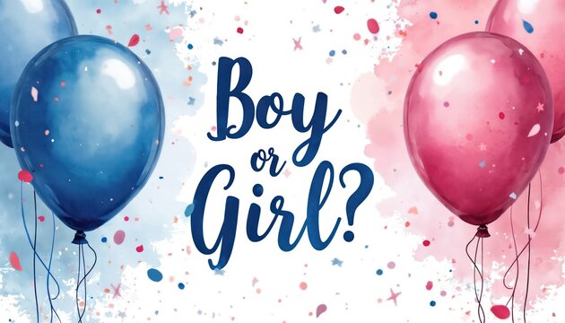 Blue and pink balloons float at gender reveal party with confetti. Text asks Boy or Girl for baby sex announcement. Parenthood celebration backdrop for event.