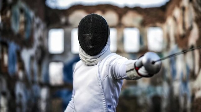 Fencer in historic building. Man holding epee sport equipment. Sword fighter training in ruined urban environment