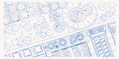 An overhead sketch of a bakery display case filled with various pastries