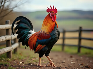 Colorful rooster struts confidently in a rural landscape under a clear sky, showcasing vibrant feathers and a lively spirit