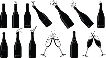Black silhouette illustrations of champagne bottles and glasses with popping corks and bubbles for celebration, party, and festive vector design. © Mashrafi Saba 