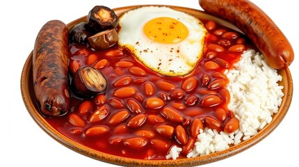 Fototapeta premium A plate of traditional breakfast food with sausages, beans, and an egg