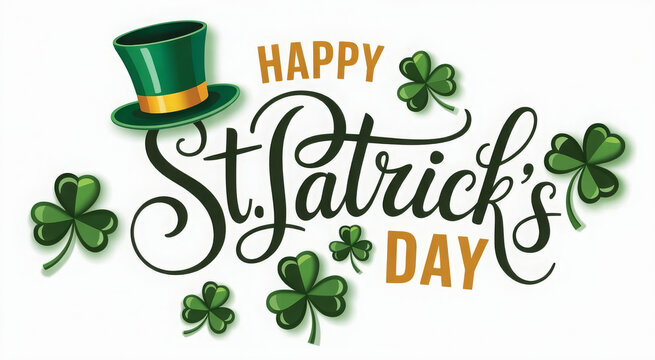 Happy Saint Patricks day lettering sign with clover leaves and green hat. 
