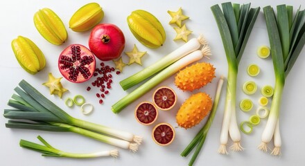 Vibrant Assortment of Exotic Winter Fruits and Fresh Vegetables - Starfruit, Pomegranate, Blood Orange, Leeks, and Onions