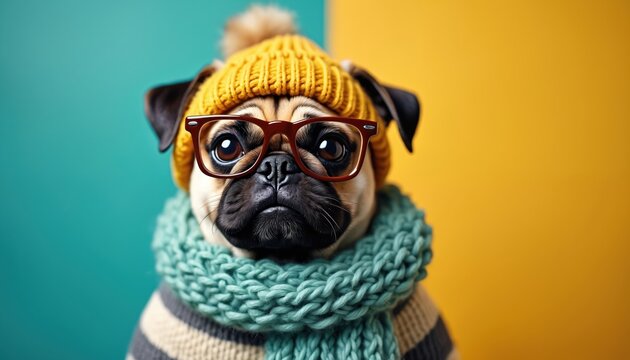 Cute pug dog wears warm knitted hat scarf and glasses. Adorable pet poses for studio portrait dressed in cozy winter outfit. Funny doggy looks smart and stylish.