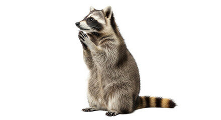 Fototapeta premium A curious raccoon standing on its hind legs with its front paws raised on transparent background