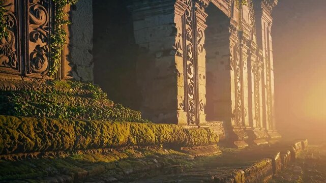 Ancient mossy temple with carved sandstone pillars and ivy, glowing sunrise mist in the background and lichen covered steps in the foreground, concept of lost civilization and nature reclamation