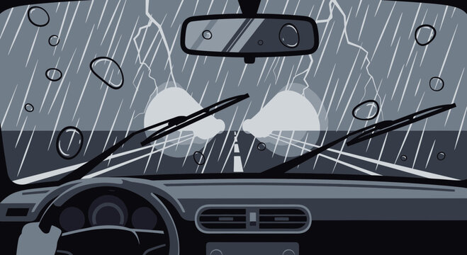 Driving through storm on highway, lightning strike, heavy rain, car windshield view