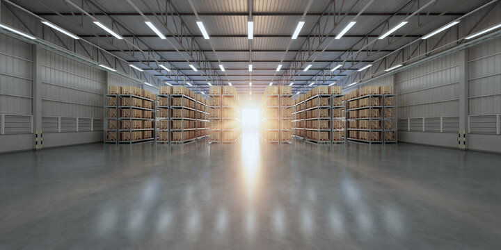 3D Rendering of Warehouse Abundance: A well-lit, spacious warehouse showcases an organized display of inventory, creating a sense of logistical efficiency and preparation for distribution. 