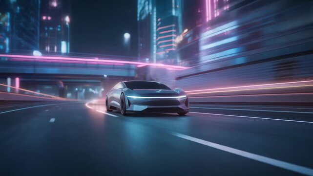 Autonomous electric car with AI navigation, sleek metallic body, futuristic highway at night, neon road lights