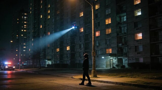Man walking in an urban dystopia at night with a police car and drone in the background. Surveillance and control concept.