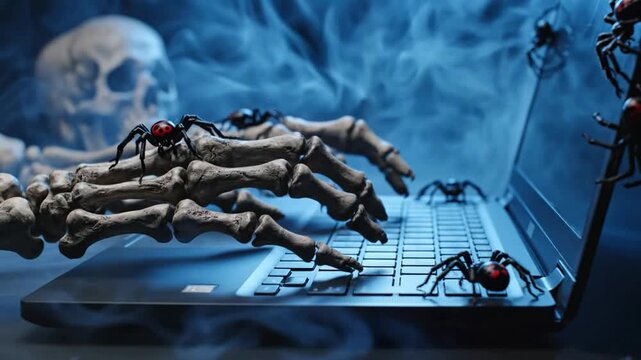 Spooky skeletal hands typing on a laptop keyboard with black widow spiders crawling in eerie blue mist Halloween horror theme cybersecurity hacking and dark fantasy concept