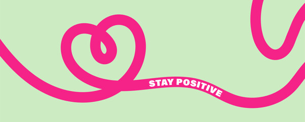 Fototapeta premium Minimal pink wavy line heart shape on a mint green background with “Stay Positive” quote, modern abstract continuous stroke design.
