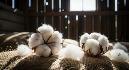 Fluffy Cotton Bolls on Burlap in Rustic Barn Setting