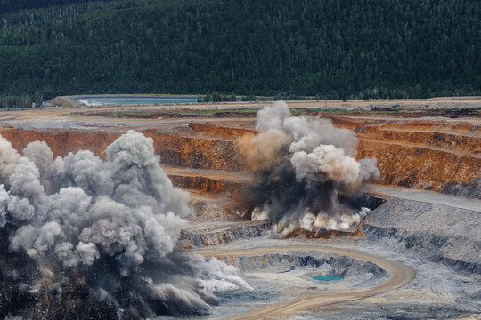 Explosive activity in vast open pit mine with smoke and dust rising