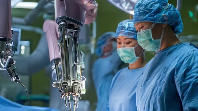 Veterinarian monitoring a robotic pet surgery assistant as it executes intricate maneuvers emphasizing precision and cuttingedge technology integration.