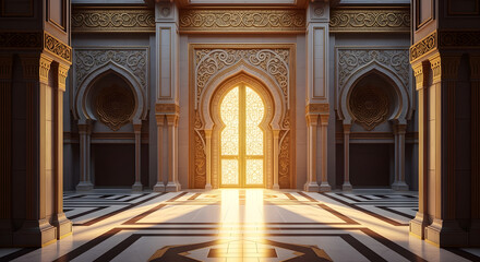 Sunlight streaming through an ornate archway in a luxurious hall with intricate golden patterns on walls and pillars creating a grand interior