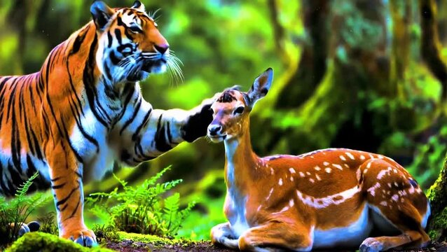 Cinematic 4K Slow Motion: Tiger Softly Patting Spotted Deer Head, Unlikely Friendship and Peaceful Coexistence in Lush Forest, Serene Predator and Prey Interaction in Sunlight