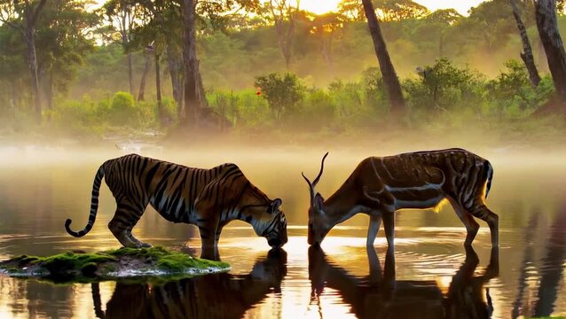 Majestic Bengal Tiger and Spotted Deer Drinking Together at Riverbank in Golden Hour, Cinematic 4K Slow Motion Predator and Prey Coexisting in Forest Wilderness