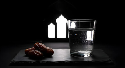 Glass of water and dates on a dark slate board with subtle mosque silhouette in background symbolizing iftar during ramadan fast