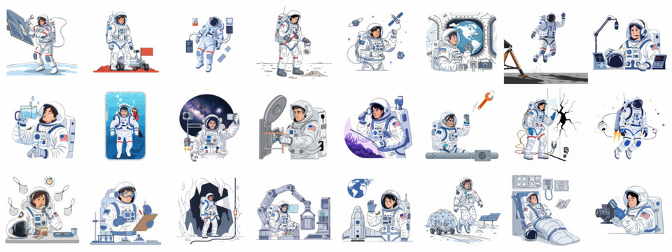 Diverse Astronaut Activities Vector Collection: Space Exploration, Research, Maintenance, Training, and Life on Planetary Bases Illustrations.