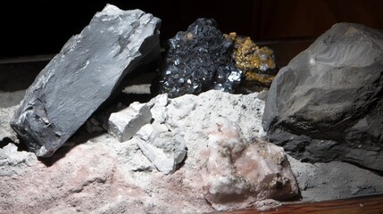 Raw Mineral Collection with Metallic Crystal and Geological Powder. Assorted Mineral Rocks and Metallic Crystal on Powder Surface