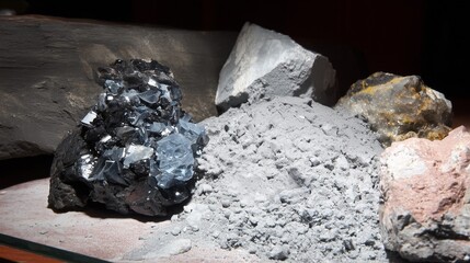 Shiny Metallic Crystal Ore and Mineral Powder in Dramatic Lighting. Metallic Mineral Cluster with Powdered Ore on Dark Background.