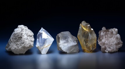 Five Raw Mineral Crystals Displayed in a Clean Studio Arrangement. Mineral Specimen Lineup on Dark Blue Studio Background