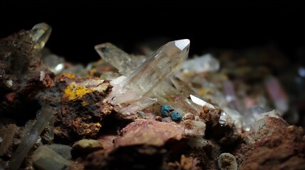 Natural Quartz Crystal Cluster Growing from Stone Matrix. Quartz Crystal Formation Emerging from Rock Matrix.