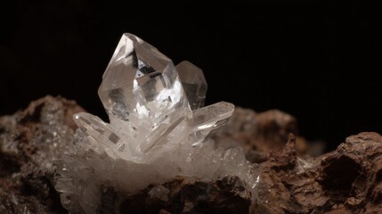 Transparent Crystal Formation on Natural Rocky Base. Clear Crystal Cluster Resting on Brown Rock Surface.