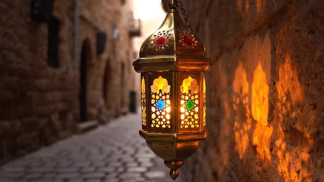 Hanging lantern in narrow cobblestone alleyway with old stone buildings