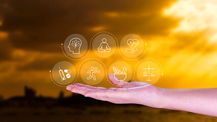 Wellness longevity and Holistic Concept. health care, including mental wellbeing, fitness, nutrition, sleep, relationships and financial balance, Personal development and balance.