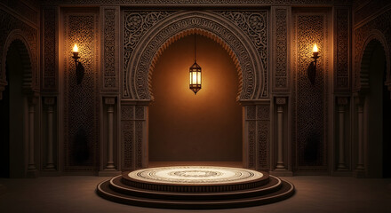 Ornate alcove with glowing lantern, raised circular platform, carved walls and arched doorways, dramatic lighting creating atmosphere, mysterious ambiance
