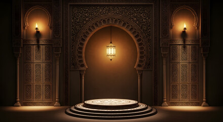 Ornate alcove with glowing lantern, raised circular platform, carved walls and arched doorways, dramatic lighting creating atmosphere, mysterious ambiance