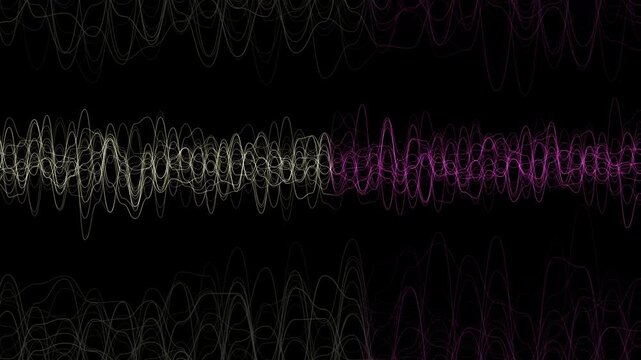 Abstract audio wave form visualization featuring vibrating electronic frequency lines. Suitable for backgrounds in music technology